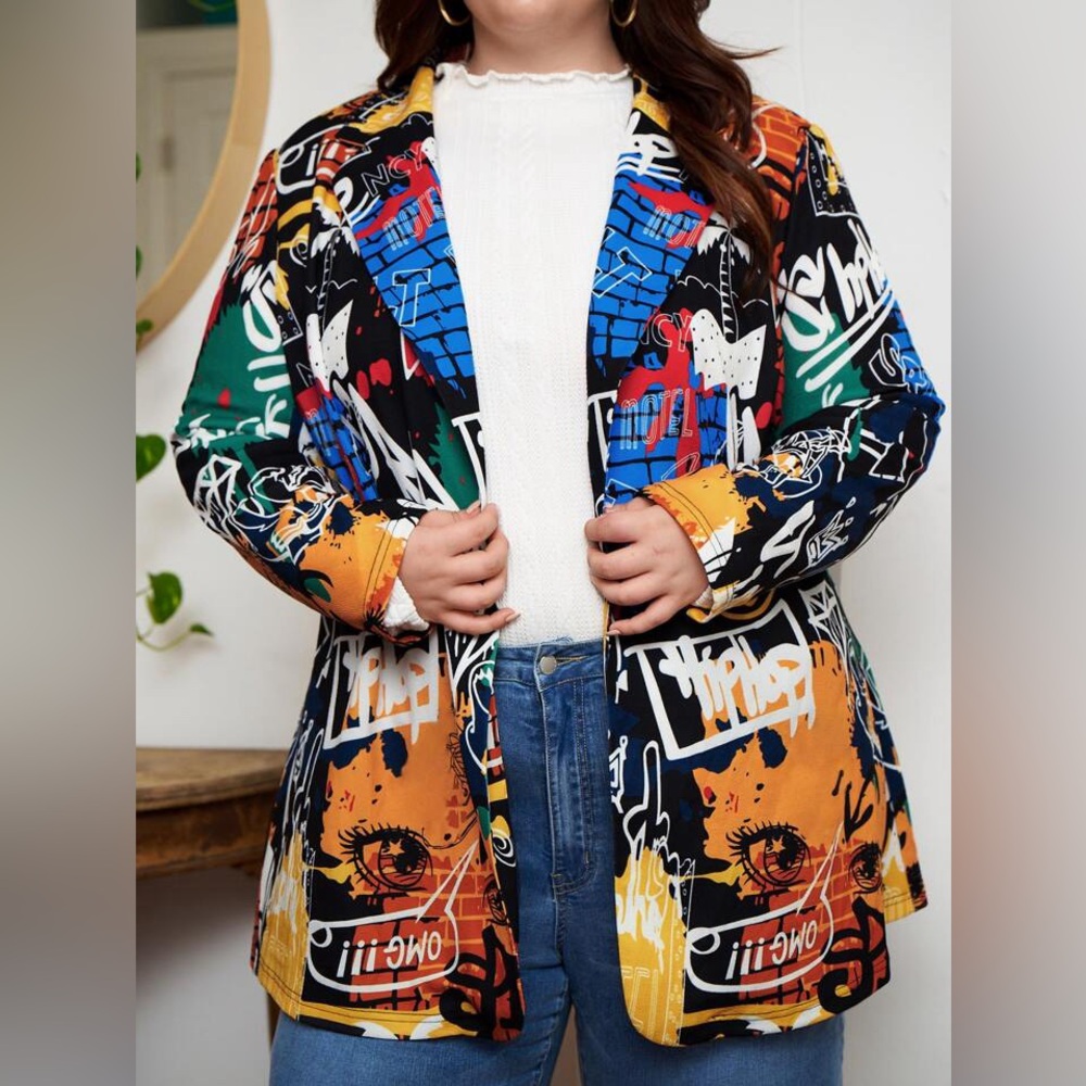 SHEIN Funky Y2K Colorful Graffiti Street Art Abstract Avant Gard Blazer Sz 24/26 - Picture 3 of 9